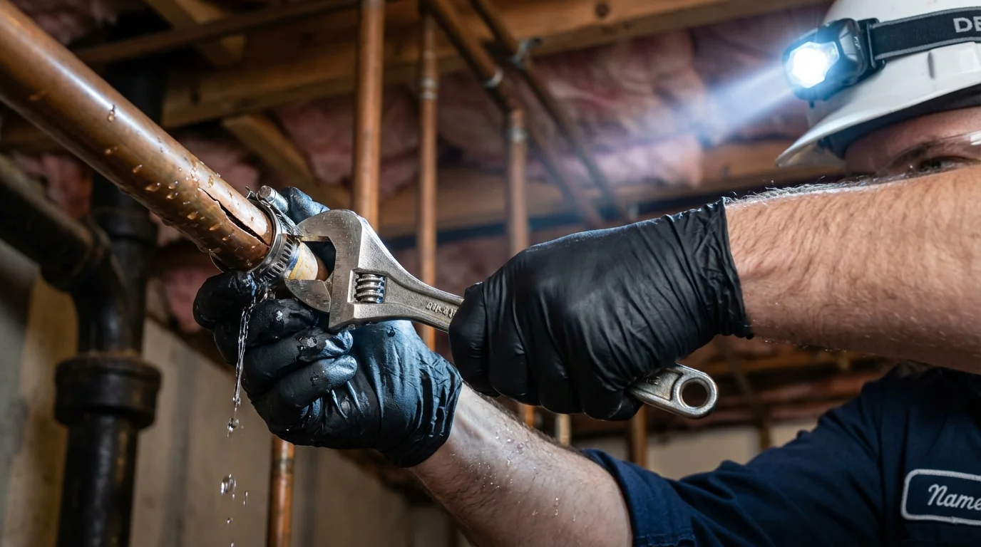 Emergency pipe clamp repair being performed by a Johns Plumbing LLC plumber in Colrain