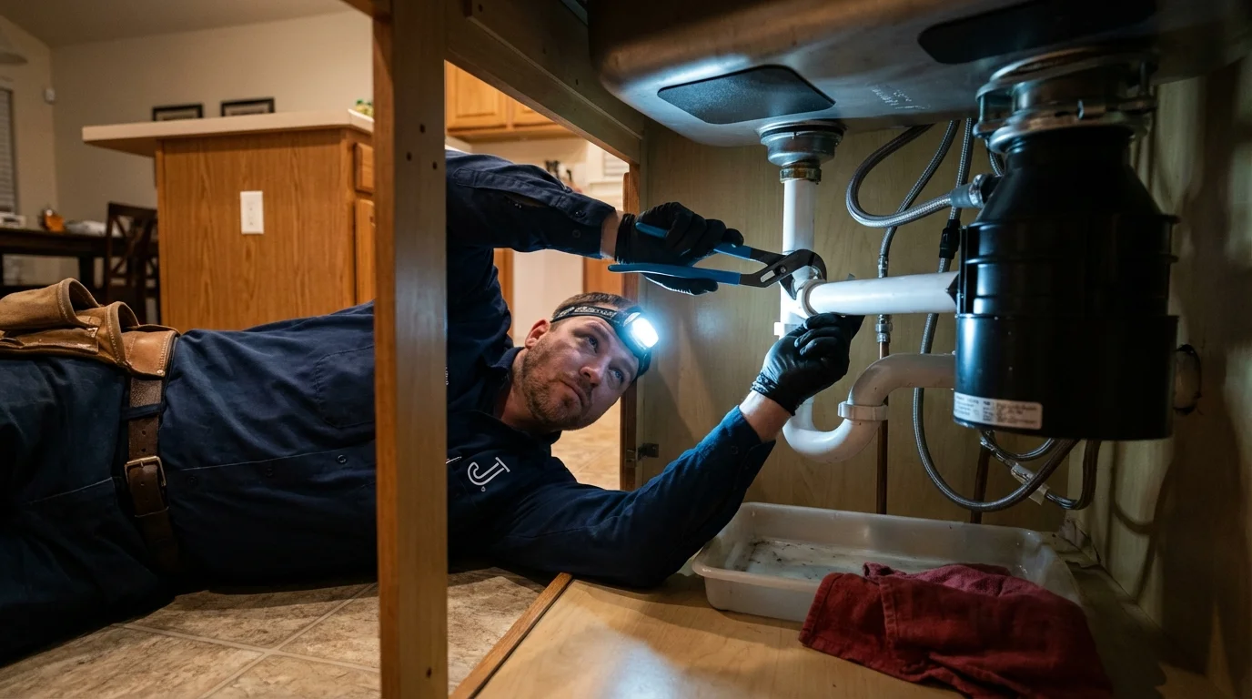 P-trap and supply line connections under a kitchen sink showing a common leak point in Colrain, MA